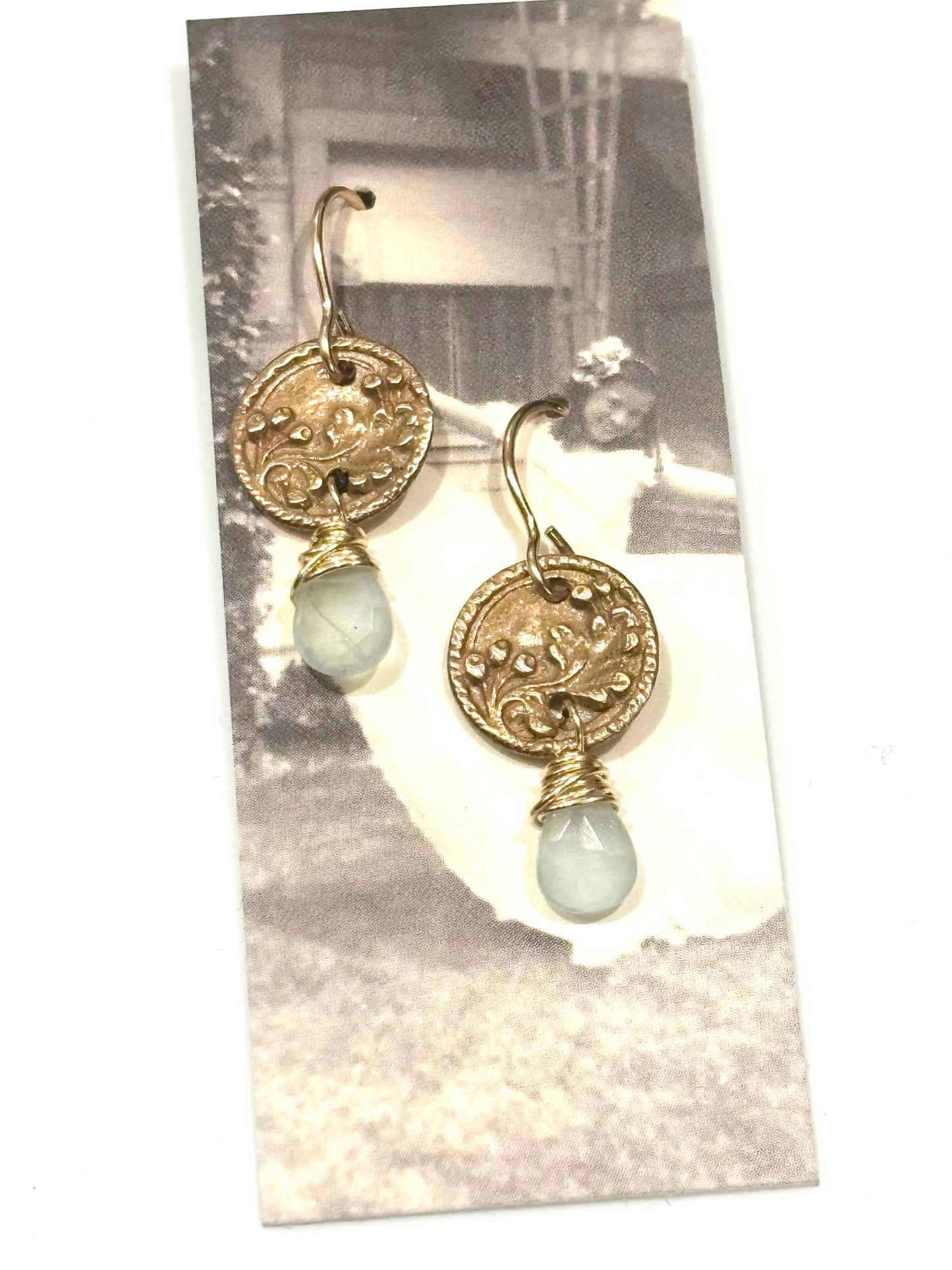 Aquamarine & bronze button earrings
