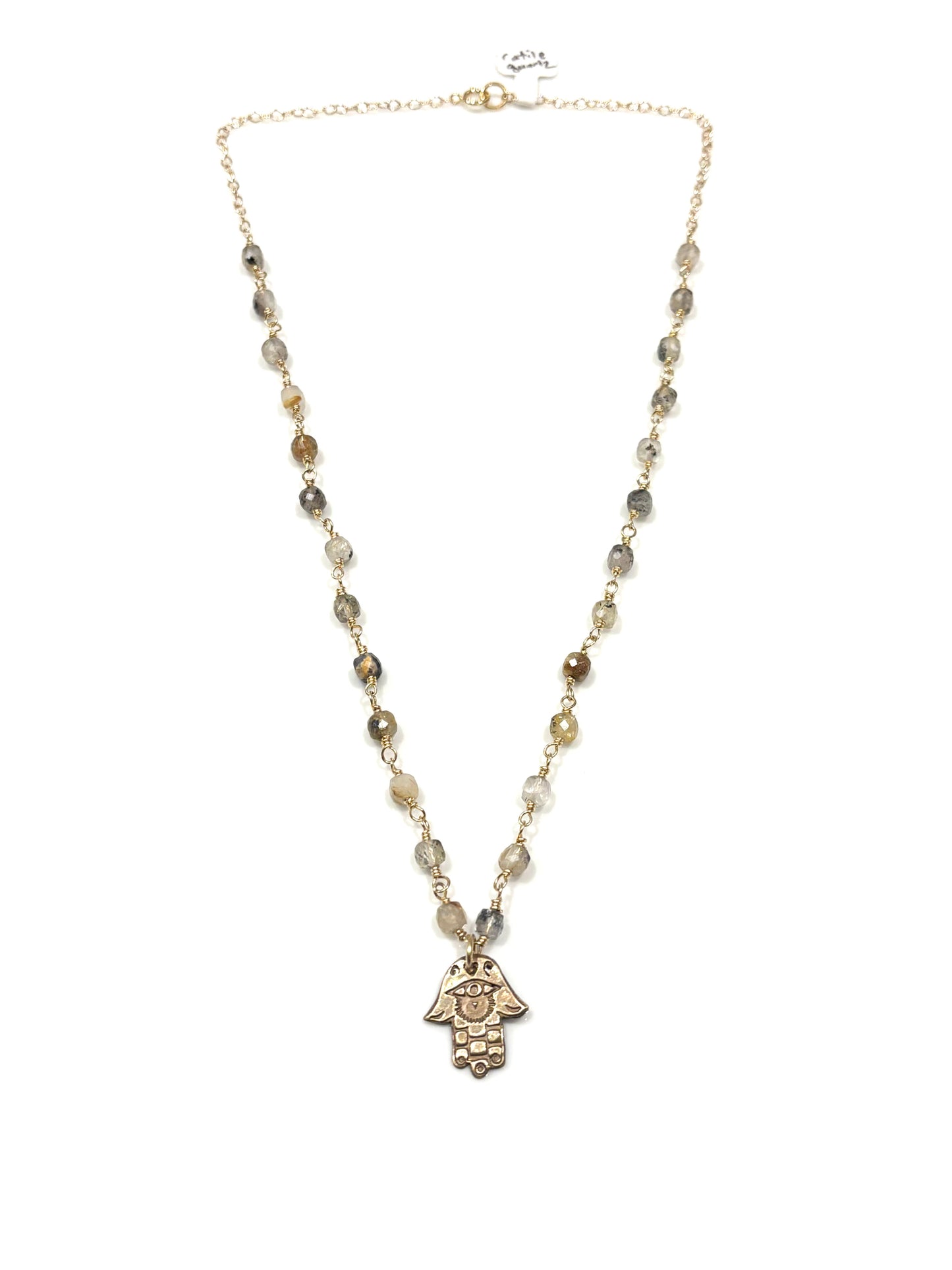 Rutilated Quartz Gold-Filled Necklace w/Bronze Hamsa
