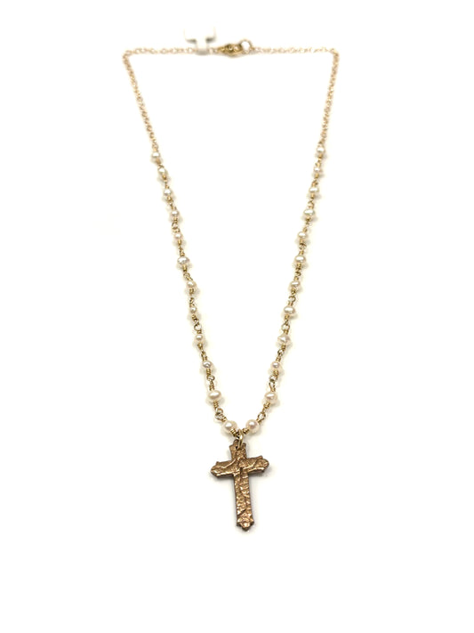 Pearl Gold-Filled Necklace w/Bronze Cross