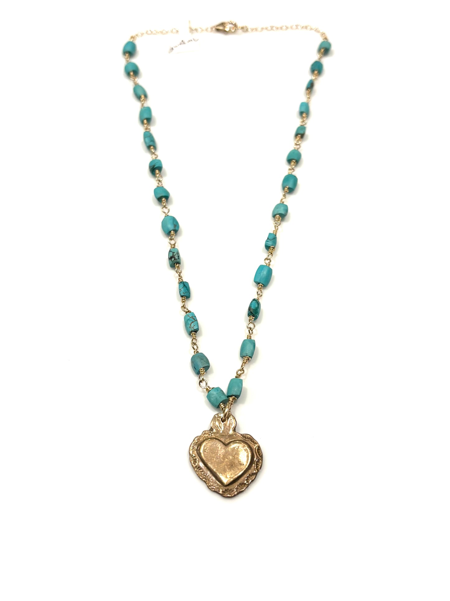 Turquoise Gold-Filled Necklace w/Bronze Milagro Heart
