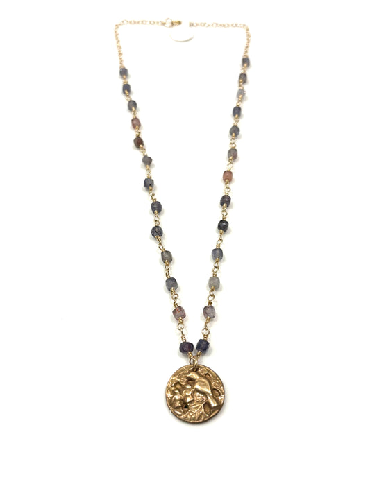 Iolite & Sun Stone Gold-Filled Necklace w/Bronze Birds