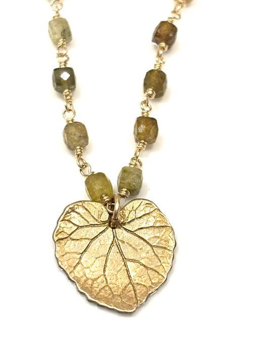 Green Garnet Gold-Filled Necklace w/Bronze Leaf