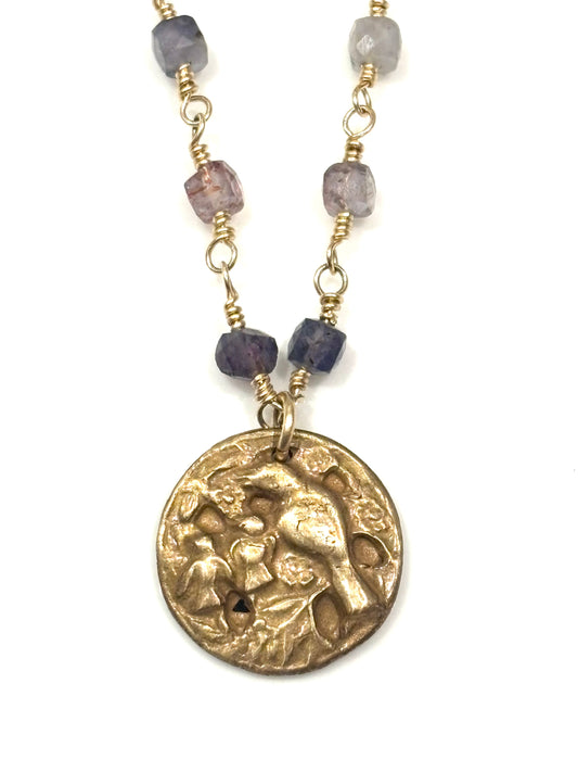 Iolite & Sun Stone Gold-Filled Necklace w/Bronze Birds