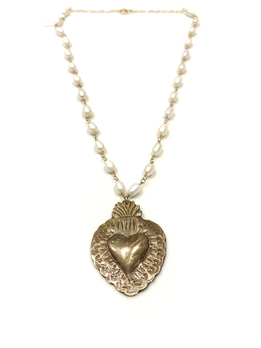 Pearl Gold-Filled Necklace w/Bronze Milagro Heart