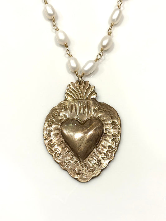 Pearl Gold-Filled Necklace w/Bronze Milagro Heart