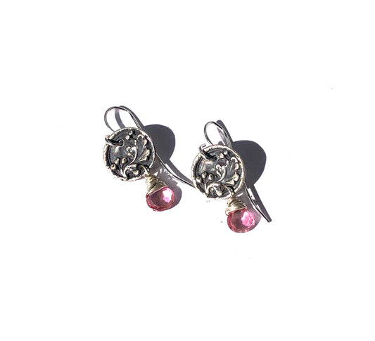Button Earrings Silver with Pink Topaz