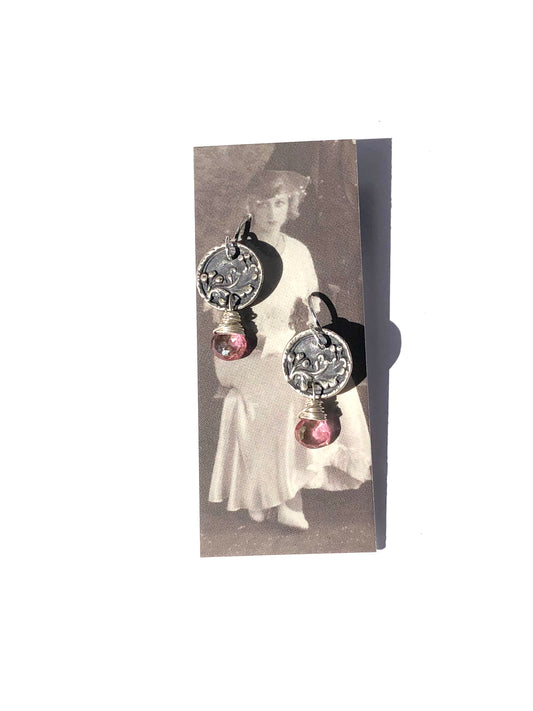 Button Earrings Silver with Pink Topaz