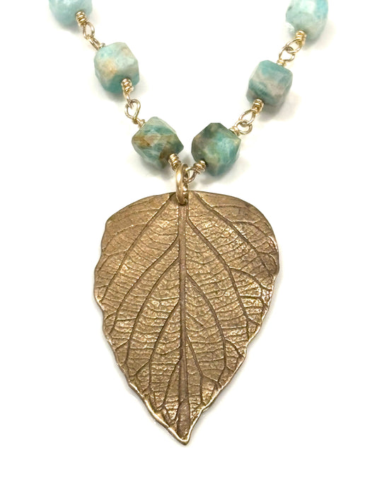 Amazonite Gold-Filled Necklace w/Bronze Leaf