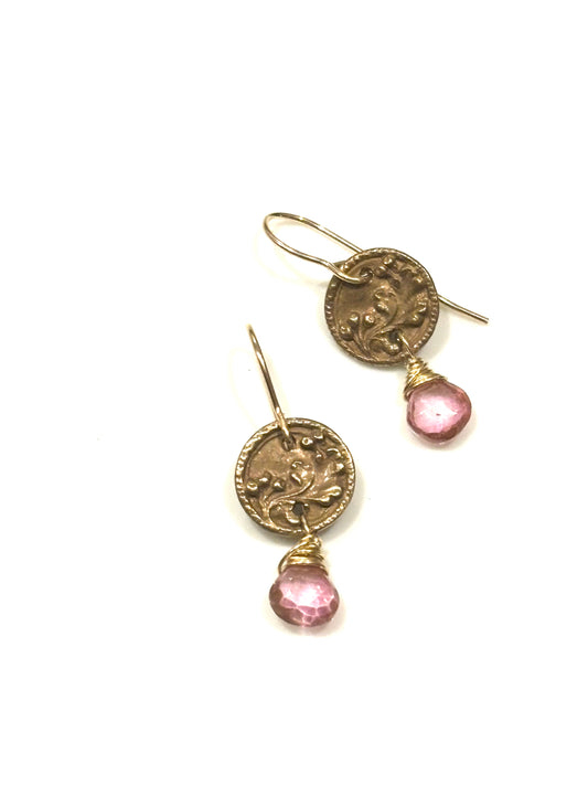 Button Earrings with Pink Topaz