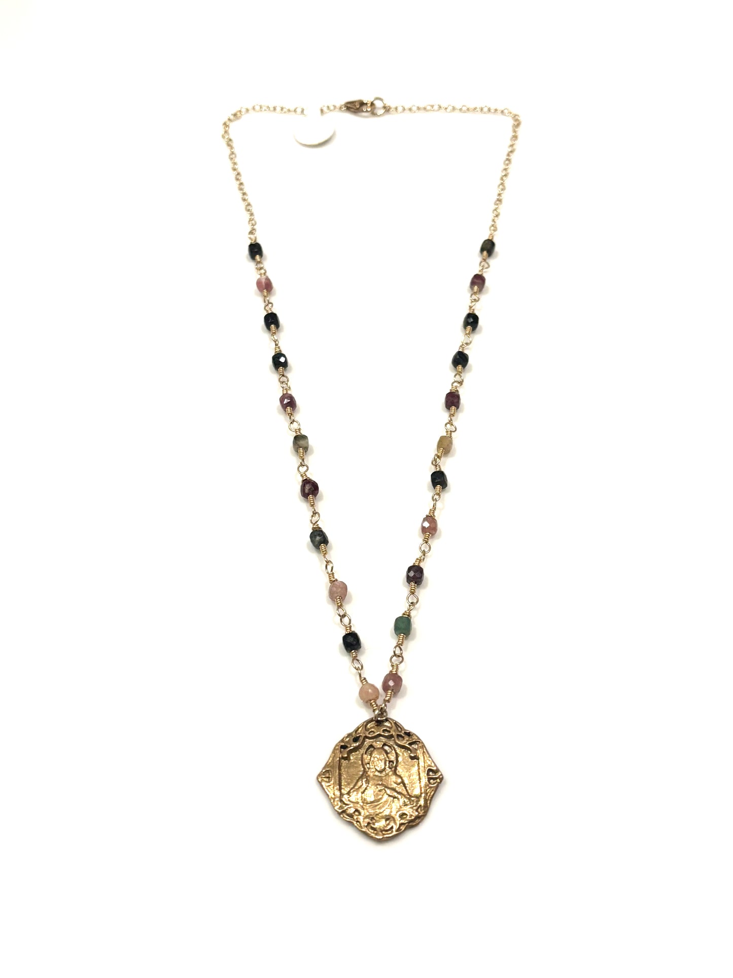 Tourmalime Gold-Filled Necklace w/Bronze Jesus Sacred Heart Image