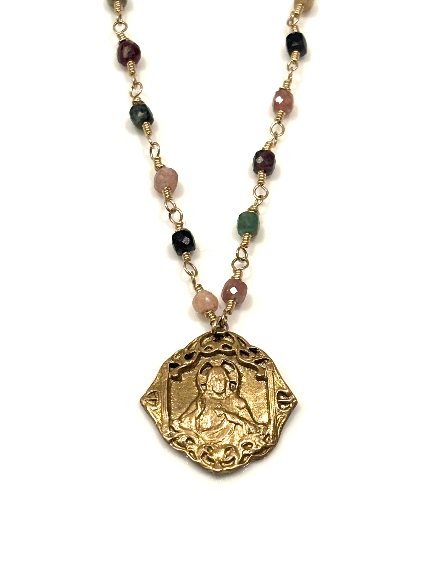 Tourmalime Gold-Filled Necklace w/Bronze Jesus Sacred Heart Image
