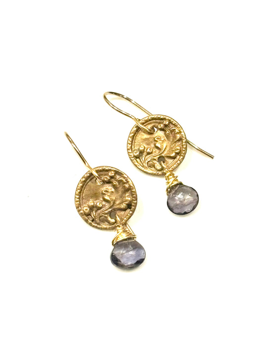 Iolite & Bronze Vintage Button Earrings