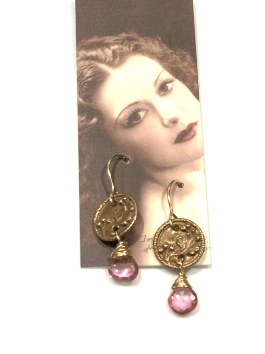 Button Earrings with Pink Topaz