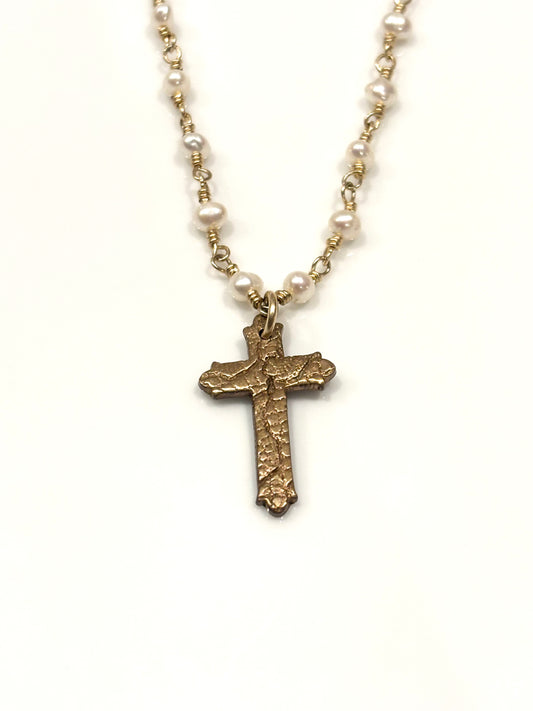 Pearl Gold-Filled Necklace w/Bronze Cross