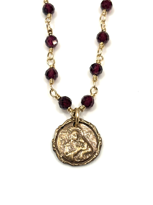 Garnet Gold-Filled Necklace w/the Madonna and Child