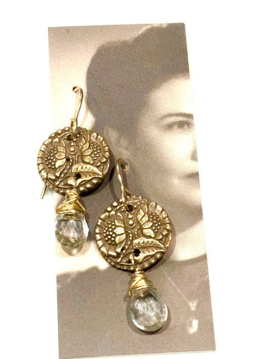 Sunflower bronze button earrings with Aquamarine