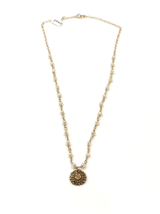 Pearl Gold-Filled Necklace w/Bronze Vintage Button
