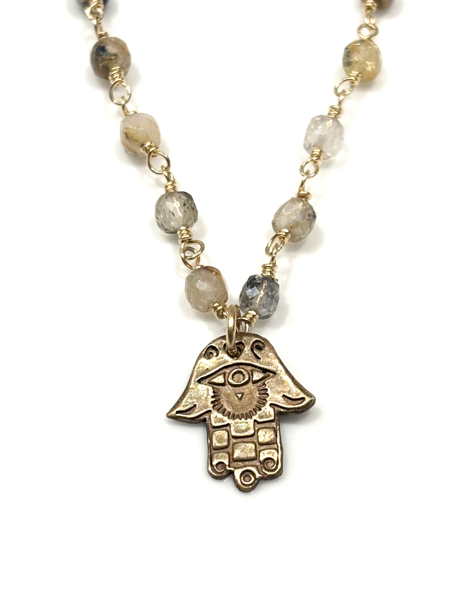 Rutilated Quartz Gold-Filled Necklace w/Bronze Hamsa