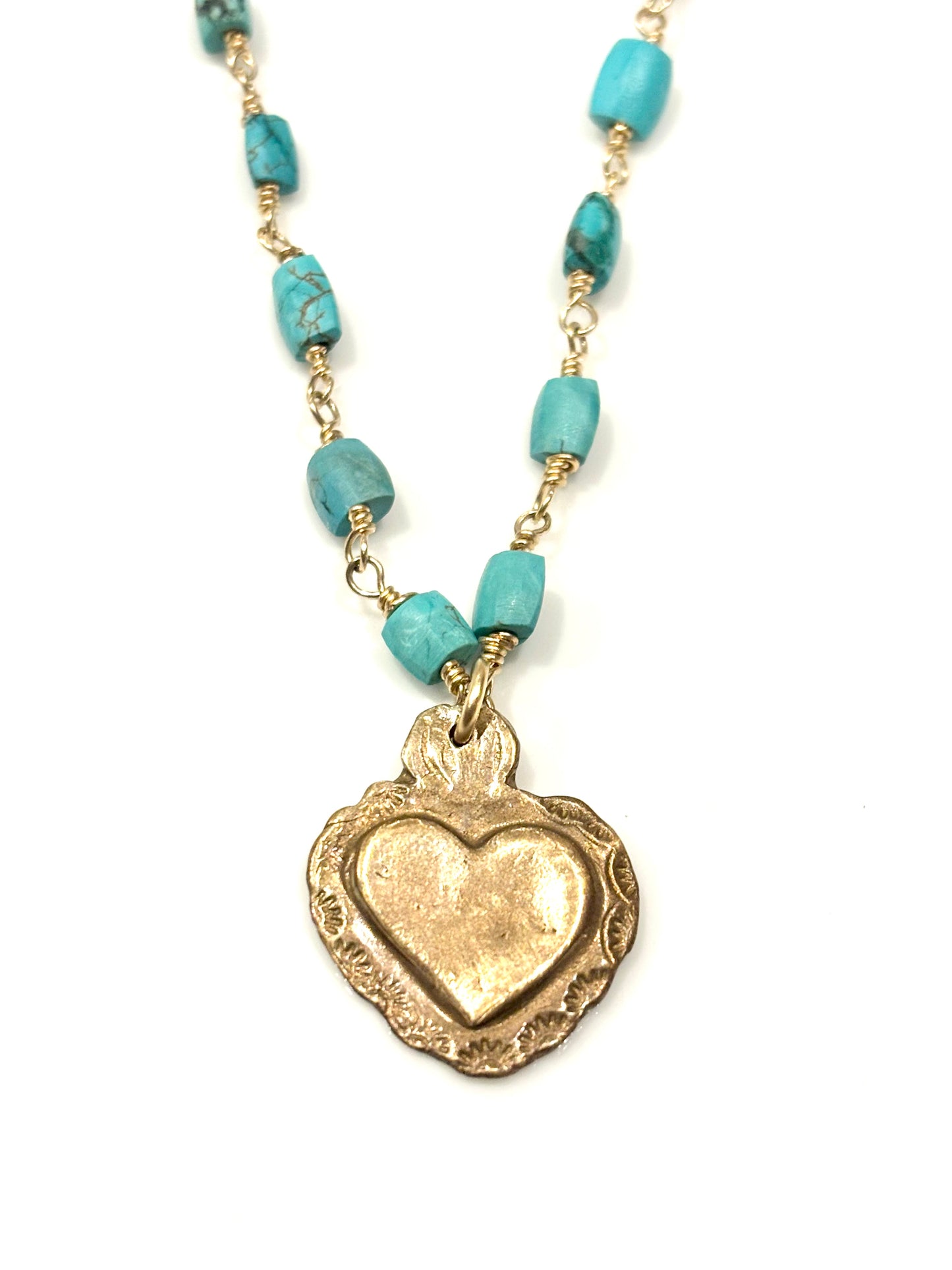 Turquoise Gold-Filled Necklace w/Bronze Milagro Heart
