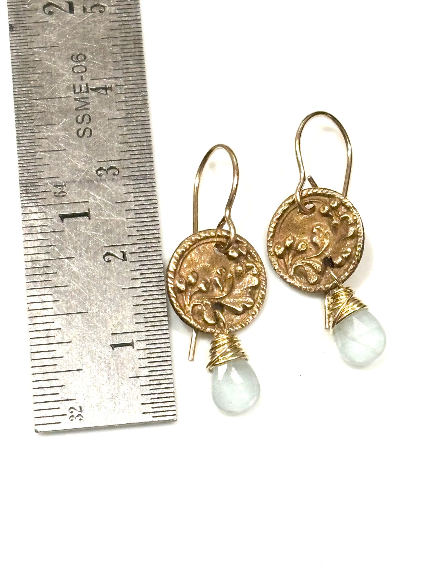 Aquamarine & bronze button earrings