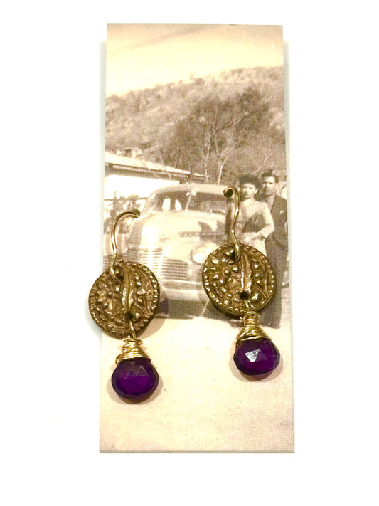 Vintage Button Earrings with Amethyst