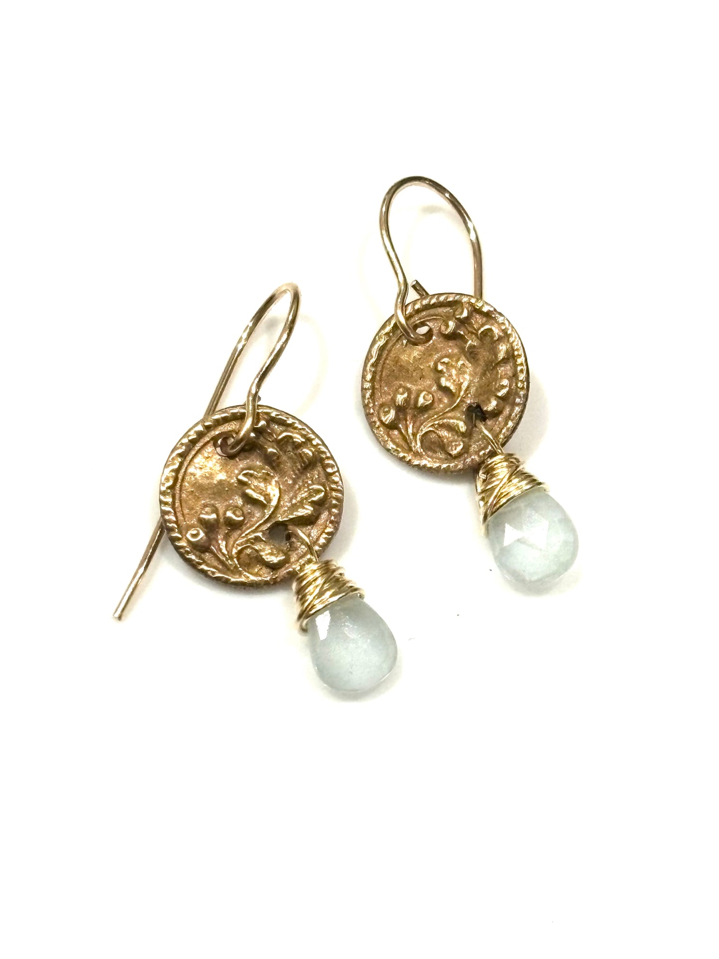 Aquamarine & bronze button earrings