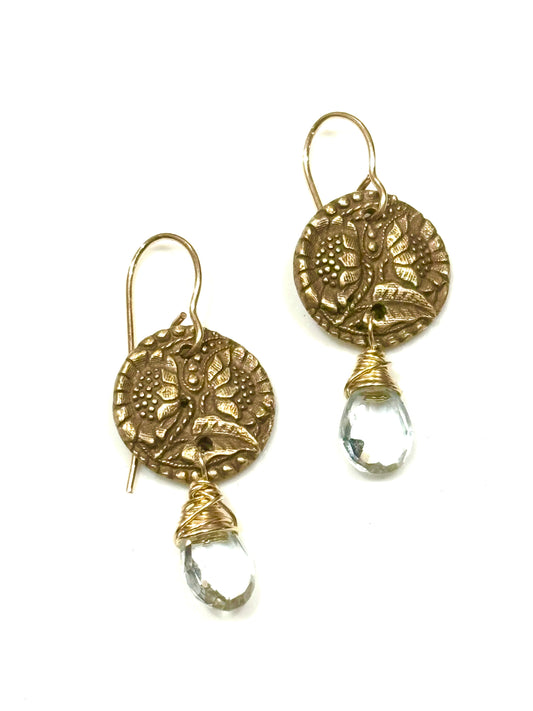 Sunflower bronze button earrings with Aquamarine