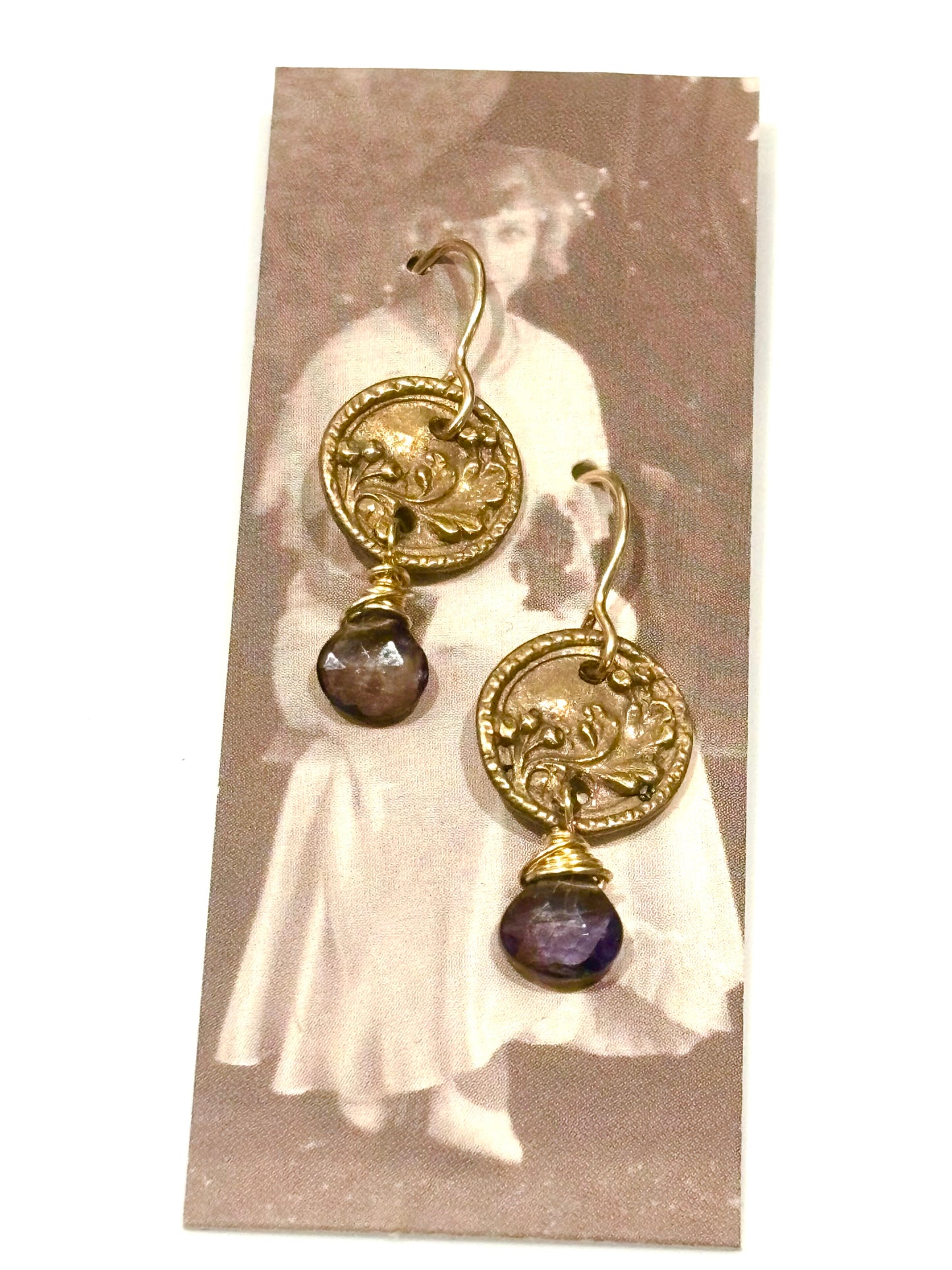 Iolite & Bronze Vintage Button Earrings