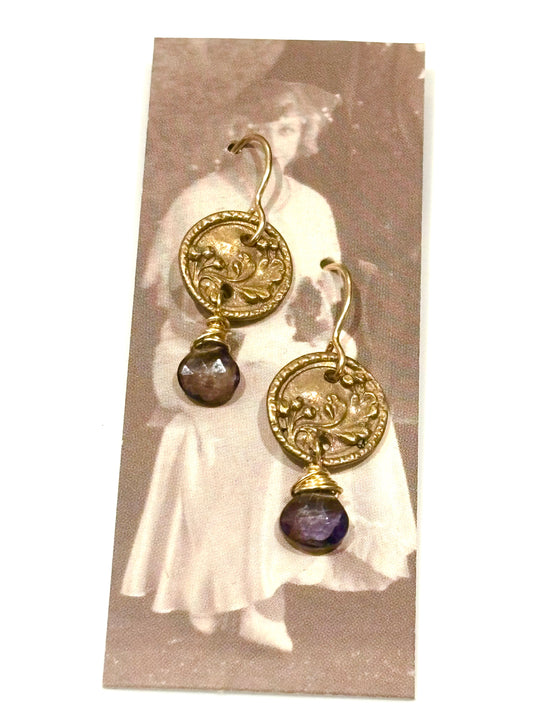 Iolite & Bronze Vintage Button Earrings