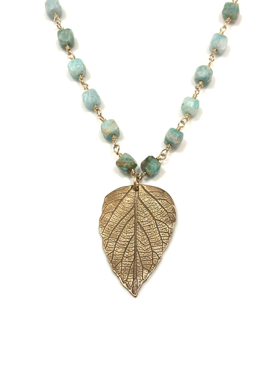 Amazonite Gold-Filled Necklace w/Bronze Leaf