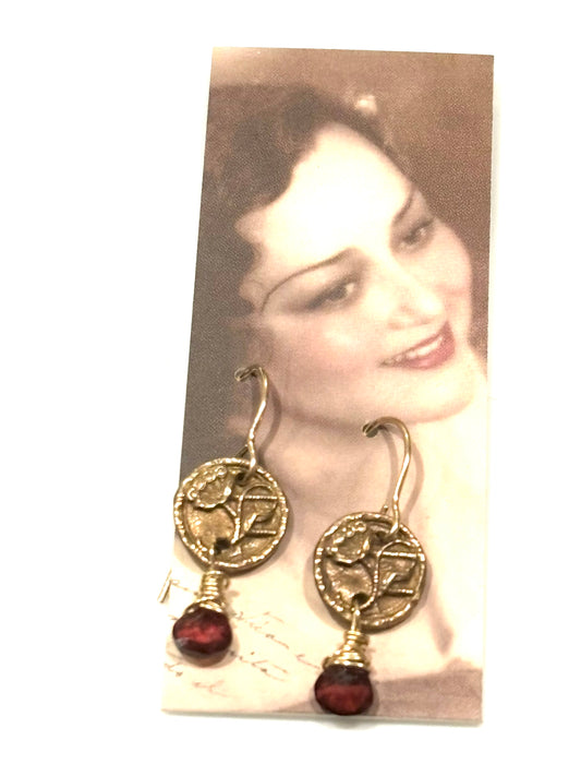 Button Earrings with Garnet briolettes