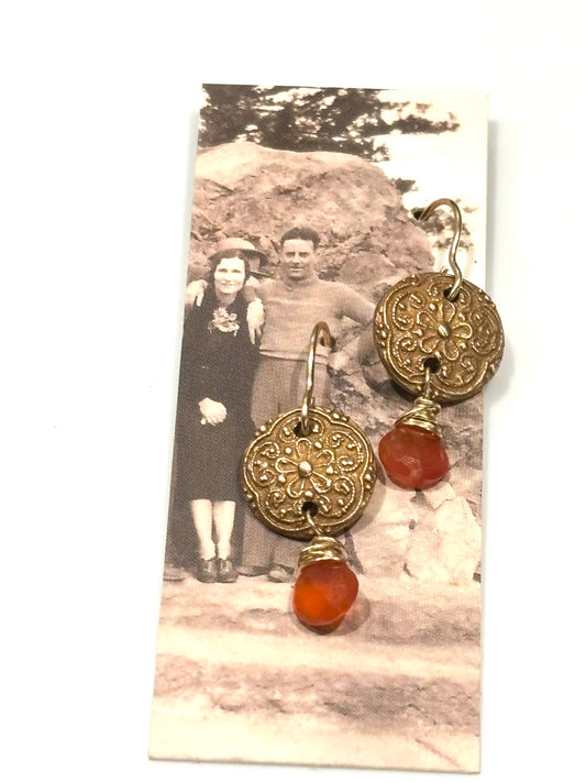 Button Earrings with Carnelian