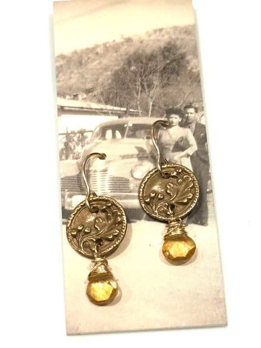 Button Earrings with Citrine