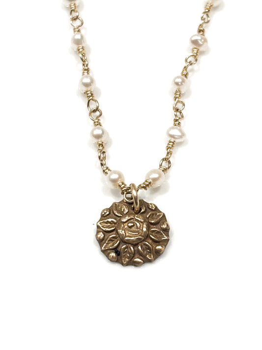 Pearl Gold-Filled Necklace w/Bronze Vintage Button