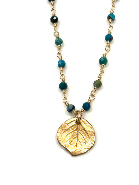 Chryscolla Gold-Filled Necklace w/Bronze Rose Leaf
