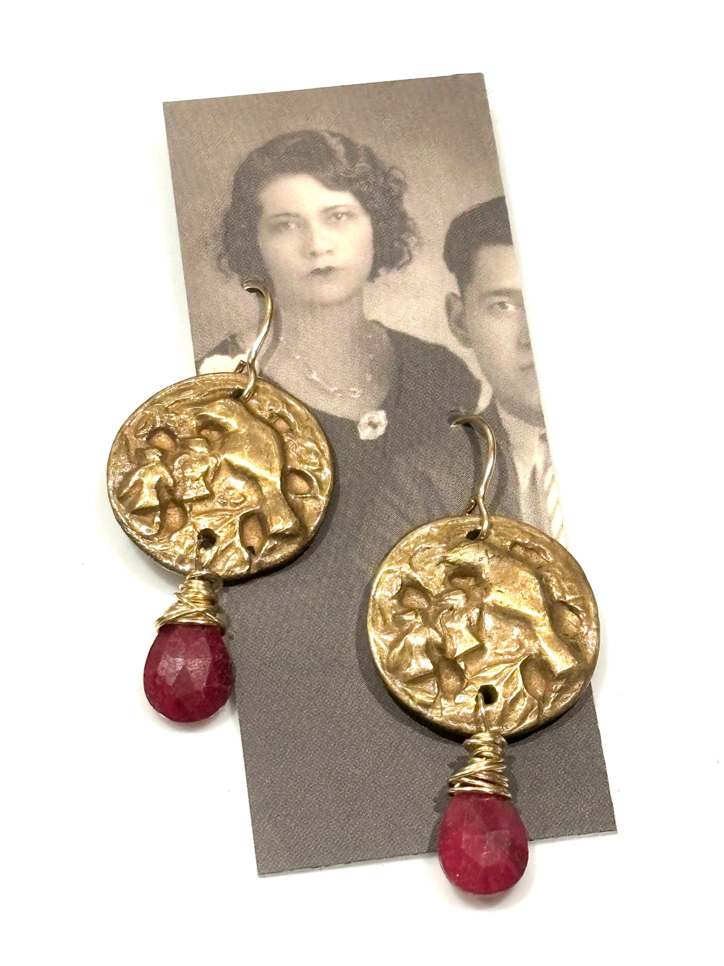 Ruby with Bronze Bird Button earrings