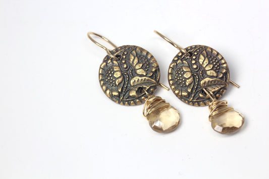 Vintage Button Earrings with Champagne Quartz Crystal