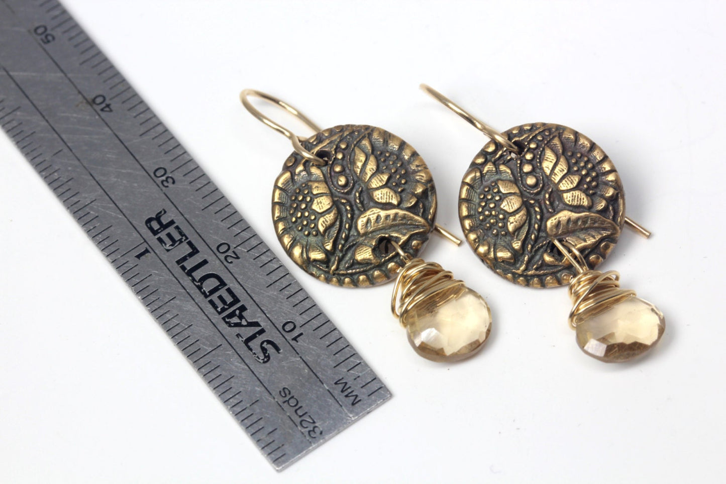 Vintage Button Earrings with Champagne Quartz Crystal