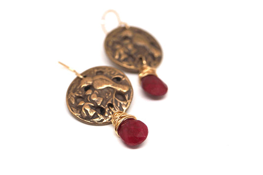 Ruby with Bronze Bird Button earrings