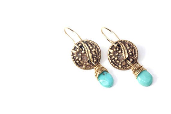 Vintage Button Earrings with Turquoise briolettes