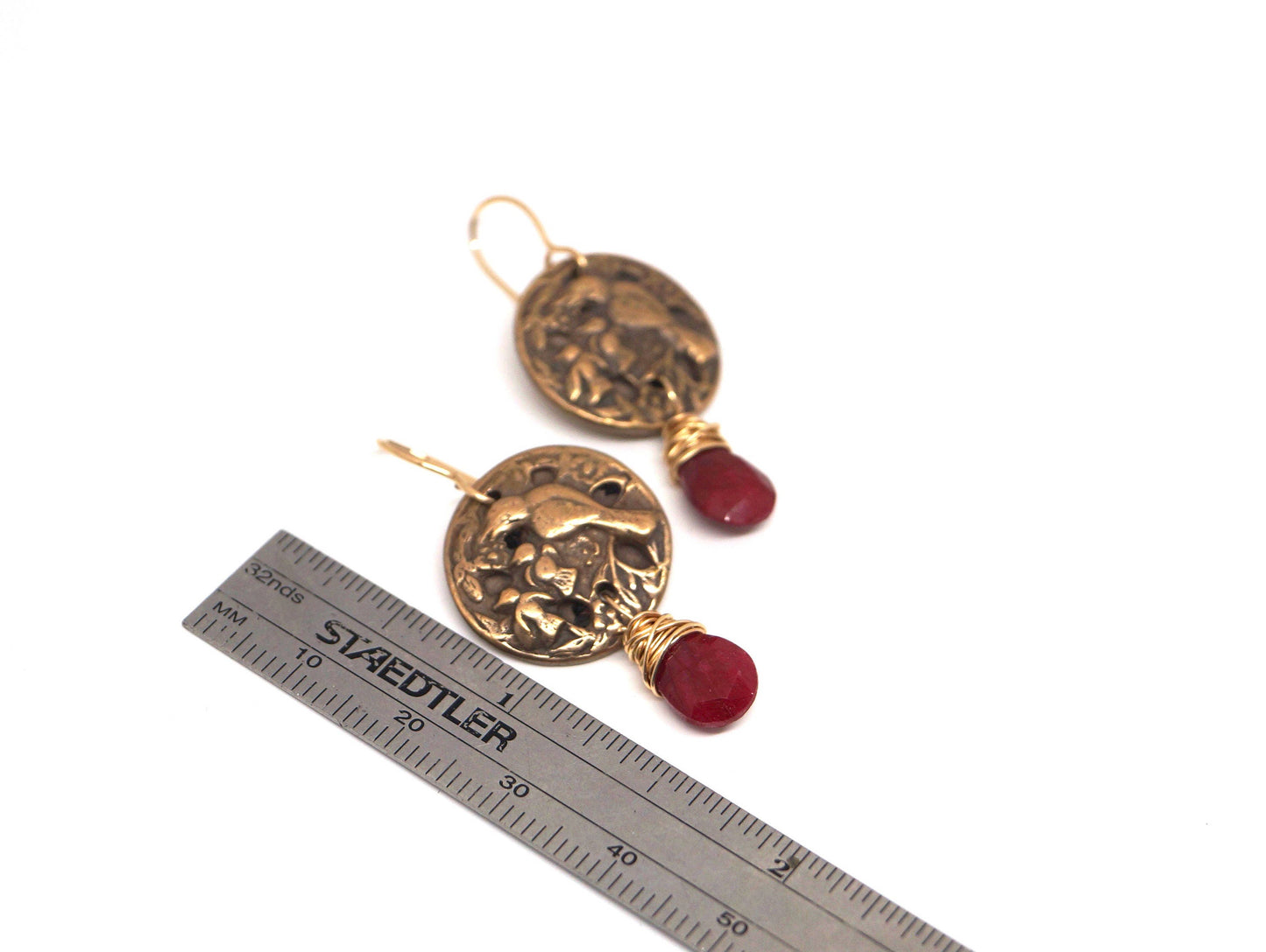 Ruby with Bronze Bird Button earrings