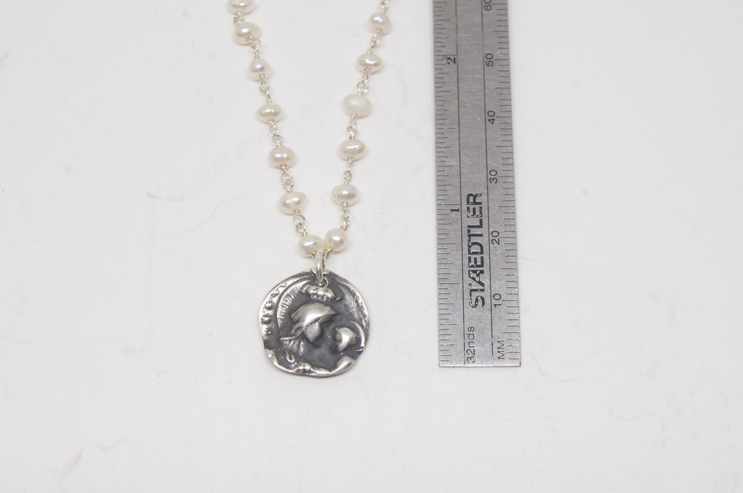 Silver Madonna and Child Pearl Necklace