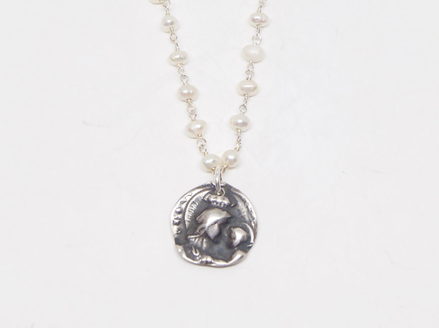 Silver Madonna and Child Pearl Necklace