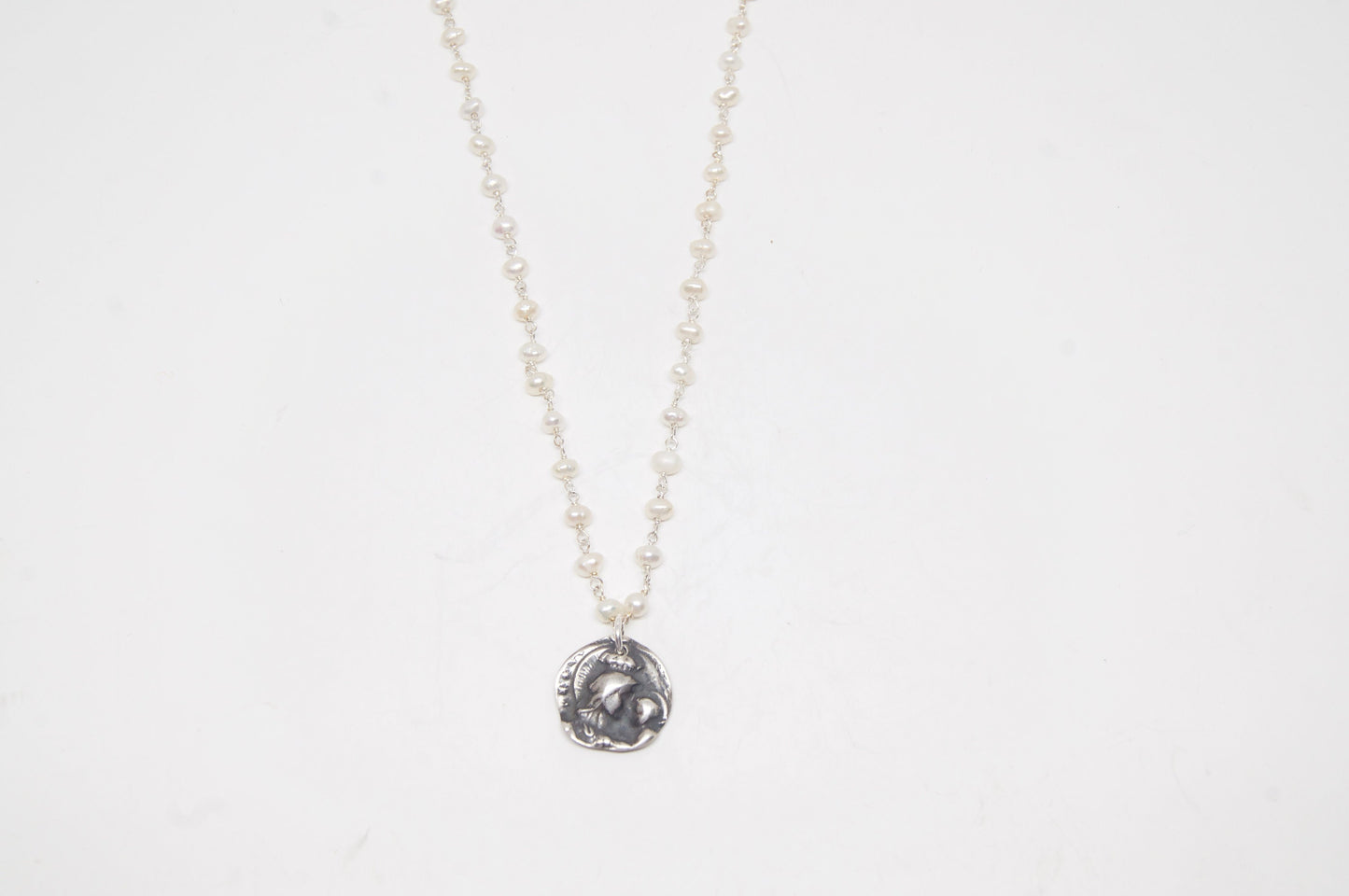 Silver Madonna and Child Pearl Necklace