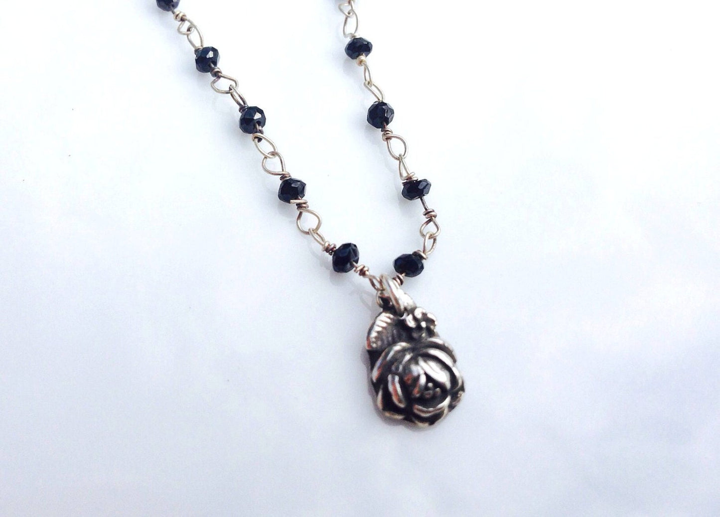 Silver Rose on Onyx Chain