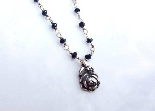 Silver Rose on Onyx Chain