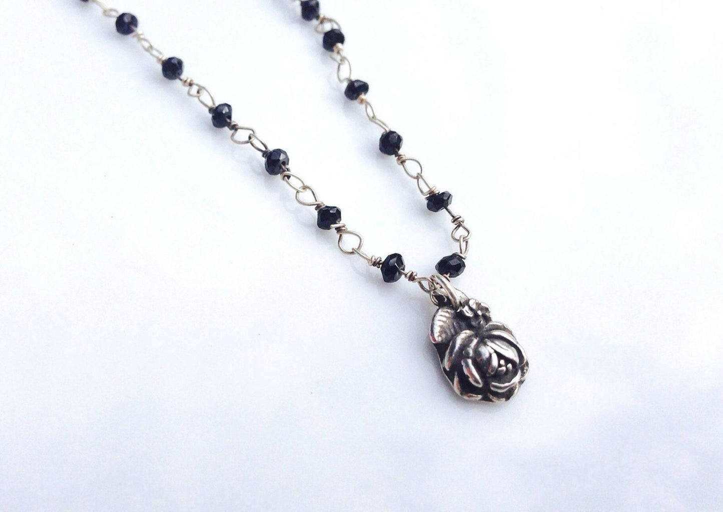 Silver Rose on Onyx Chain