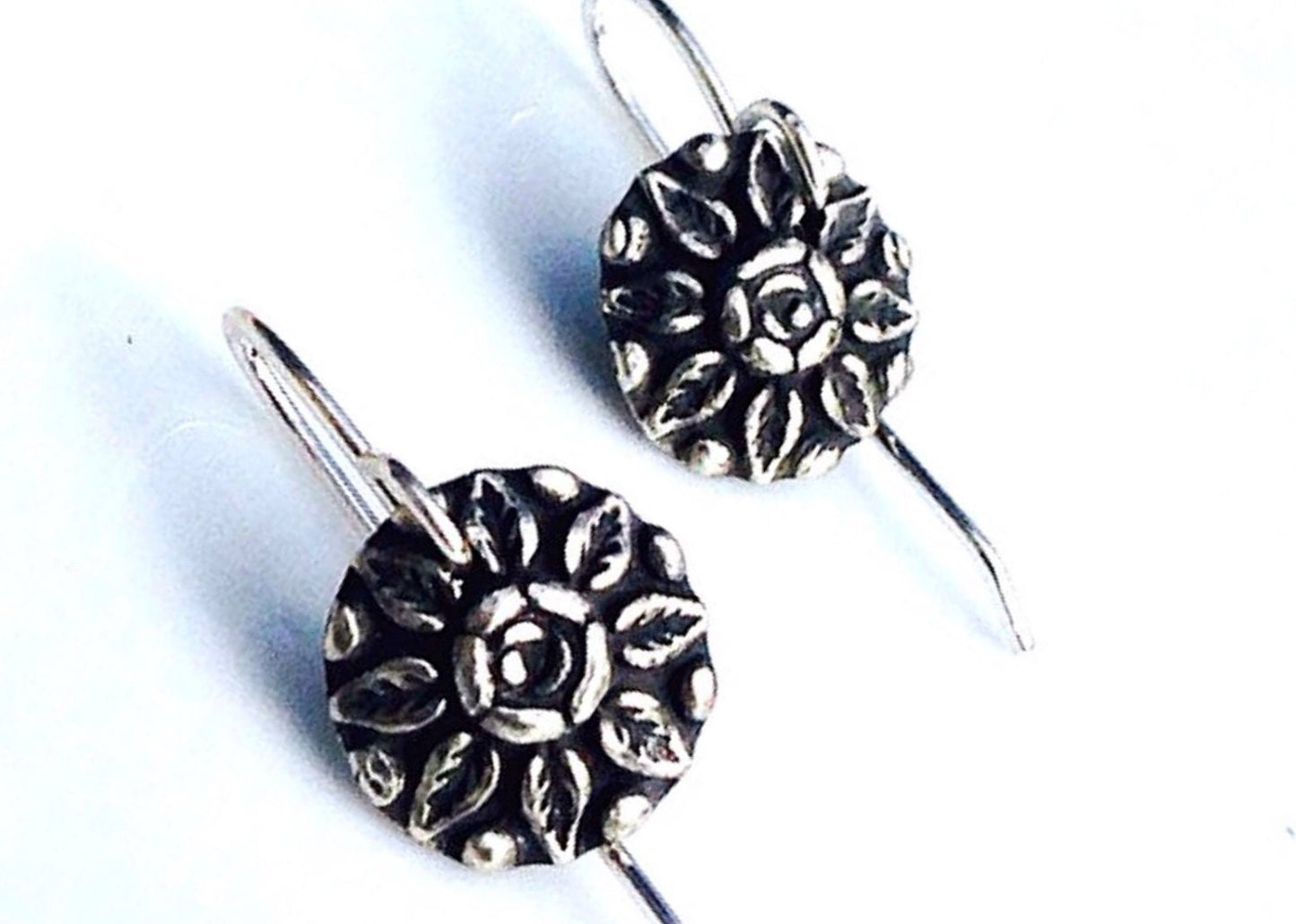 Silver floral vintage button earrings