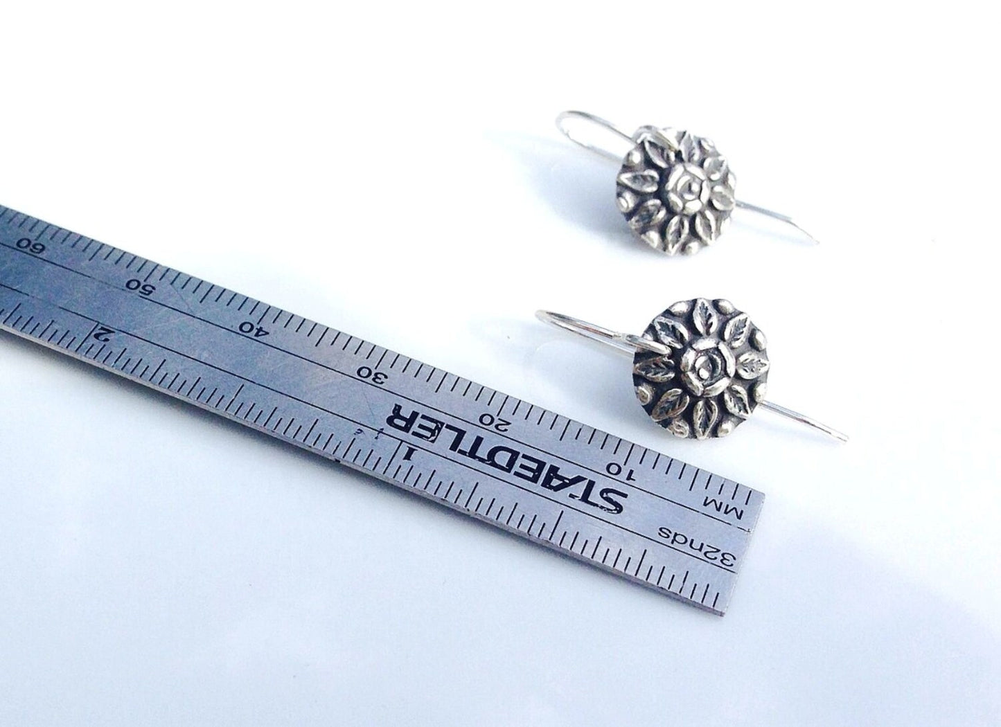 Silver floral vintage button earrings