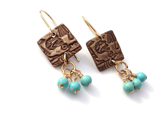 Calavera square earrings with turquoise dangles